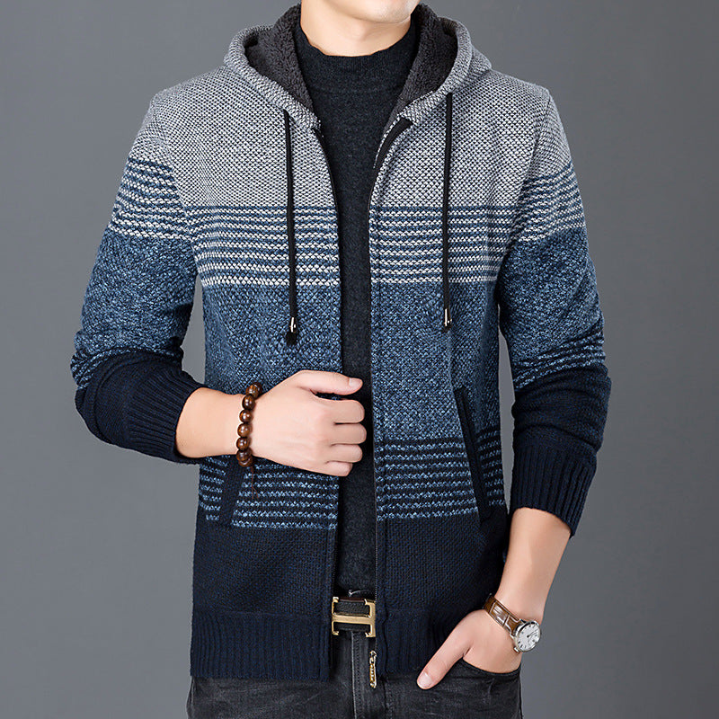 Herren Strickjacke Kapuze Modern Blockstreifen Trendig