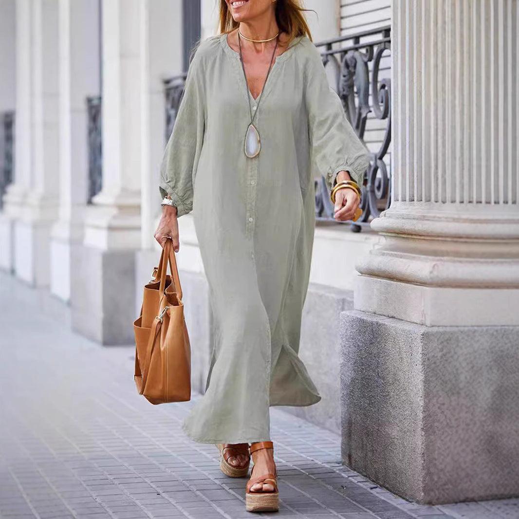 Damen Leinenkleid Langärmlig Elegant Sommer