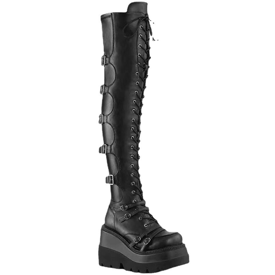 Damen Stiefel Überknie Schnallen Detail Plateau