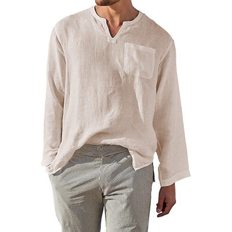 Herren Leinenhemd Langarm V-Ausschnitt Elegant