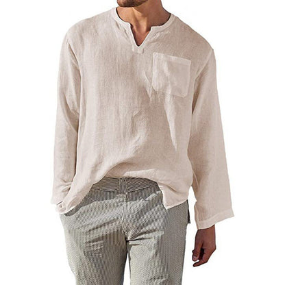 Herren Leinenhemd Langarm V-Ausschnitt Elegant