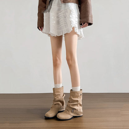 Damen Stiefeletten Lässig Falten Design Schnalle Elegant
