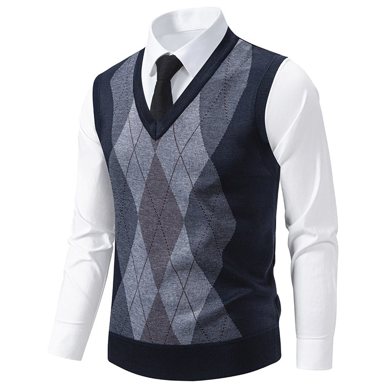 Herren Pullover V-Ausschnitt Strick mit Rautenmuster Elegant