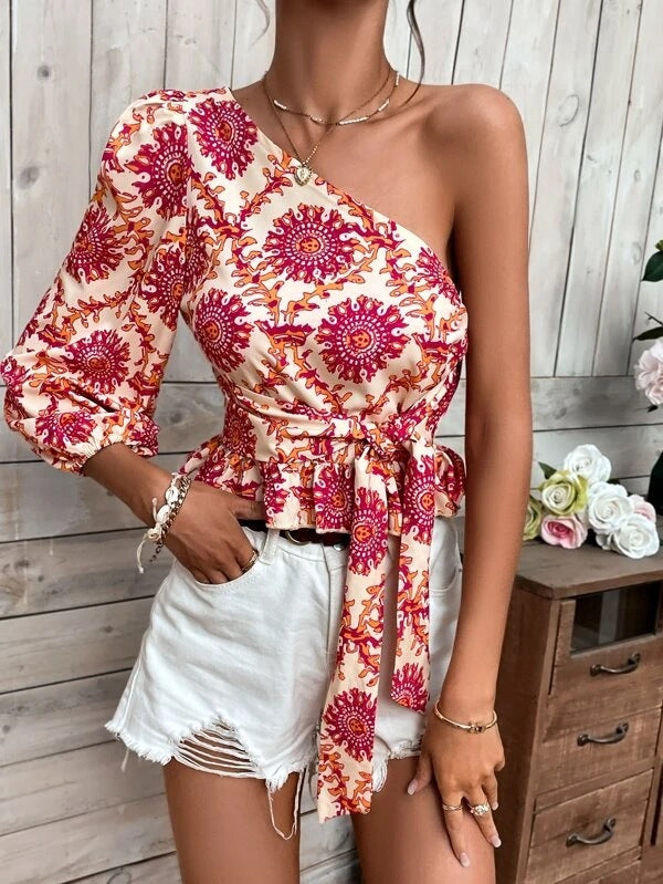 Damen Oberteil Asymmetrisch Voluminöser Ärmel Modern