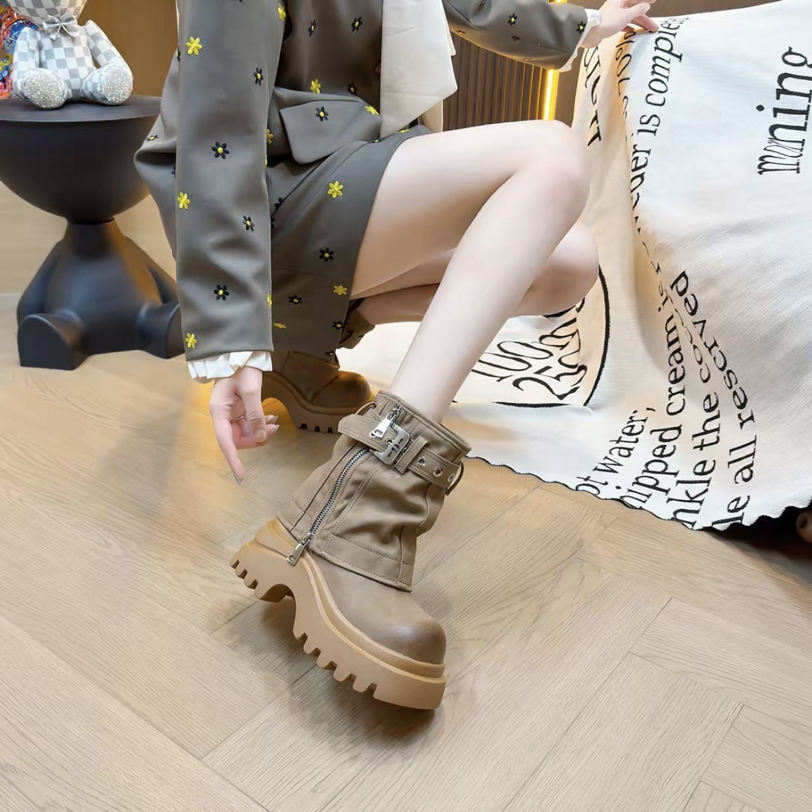 Damen Stiefeletten Schnallenverschluss Robust Sohle