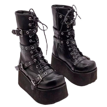 Damen Plateau-Stiefel Robust Leder Schnalle Hochhackig
