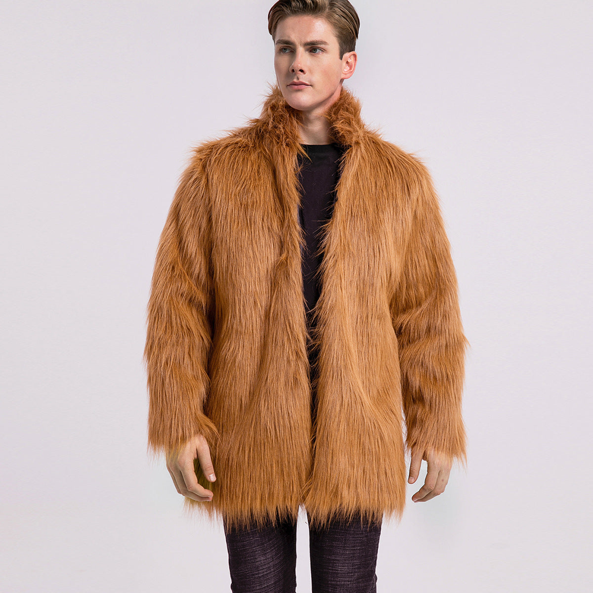 Herren Kunstfellmantel Lang Open Kragen Elegant Schwarz
