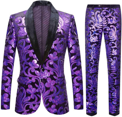 Herren Anzug Samt mit Pailletten Muster Elegant Schwarz