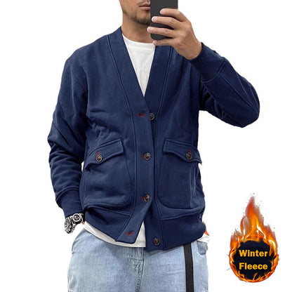Herren Fleecejacke Warm mit Knöpfen und Taschen