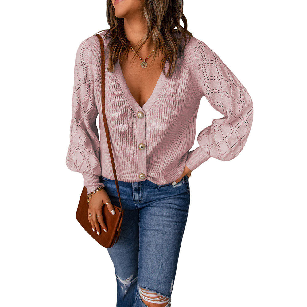 Frauen Strickjacke V-Ausschnitt Puffärmel Modern