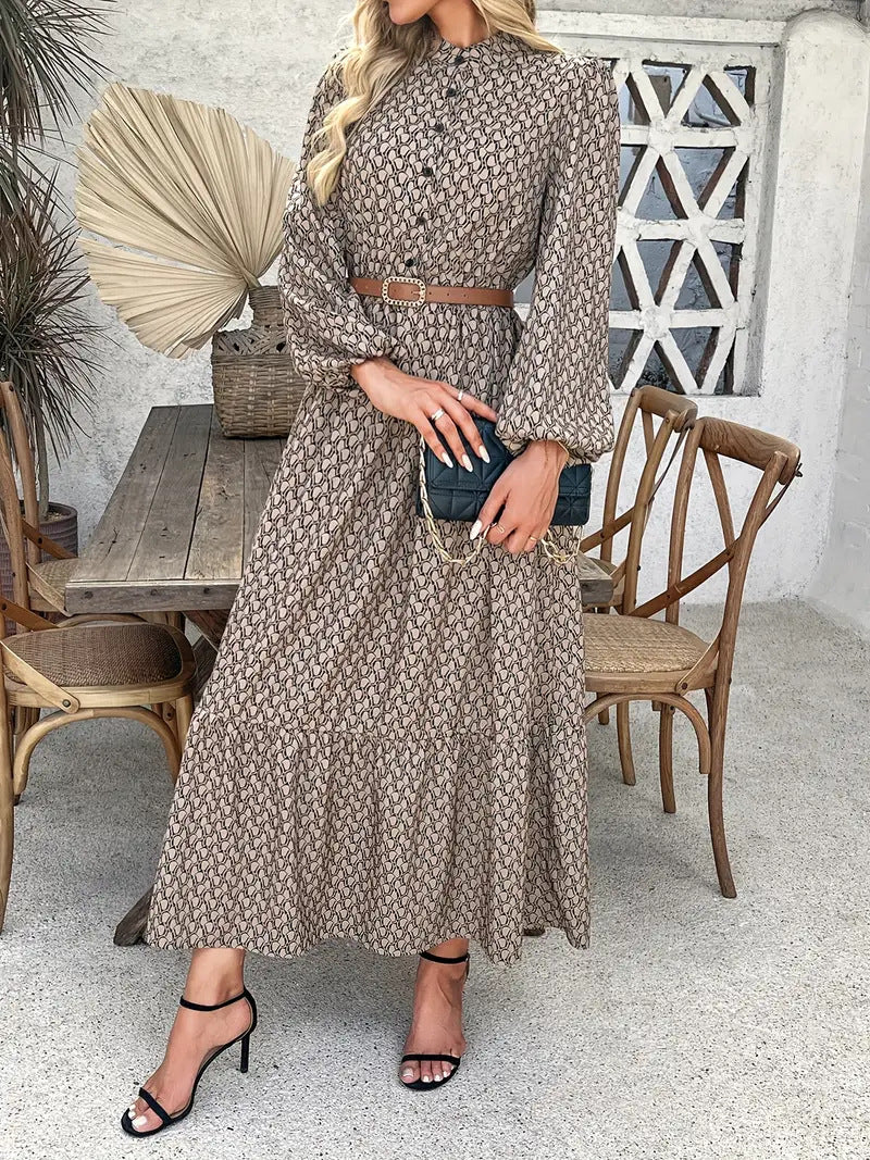 Damen Maxikleid Elegant mit Taillengürtel und Blumenmuster