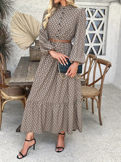 Damen Maxikleid Elegant mit Taillengürtel und Blumenmuster