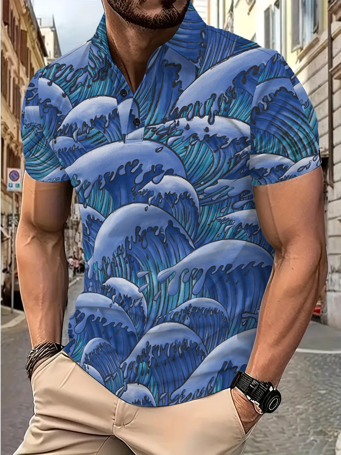 Herren Poloshirt Wellenmuster Trendig Berlin Style