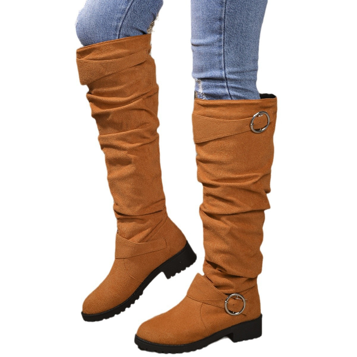 Damen Stiefel Hoch mit Rüschen Design und Riemen Schwarz