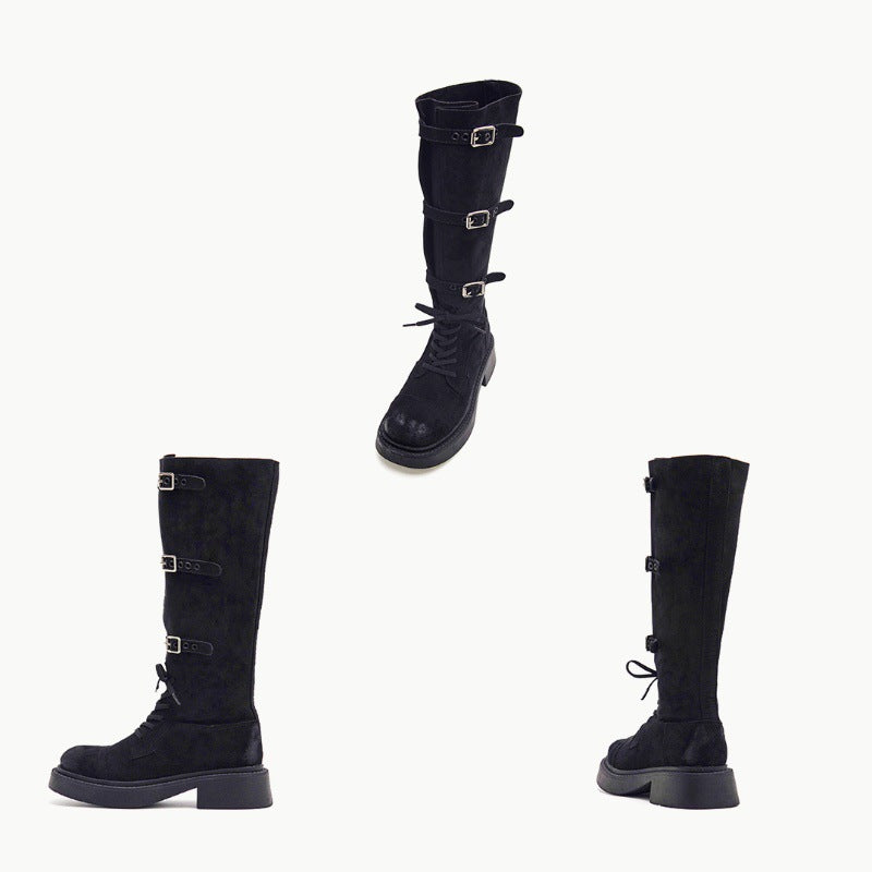 Damen Stiefel Overknee Plateau mit Schnallen Schwarz Modisch