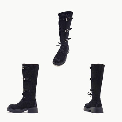 Damen Stiefel Overknee Plateau mit Schnallen Schwarz Modisch
