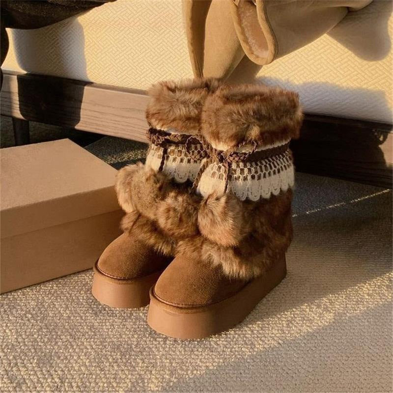 Damen Winterboots Flauschig mit Kunstfell Warm Schnürsenkel