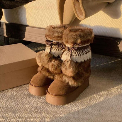 Damen Winterboots Flauschig mit Kunstfell Warm Schnürsenkel
