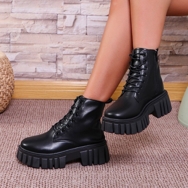 Damen Stiefel Chunky Plateau Schnürstiefel Robust