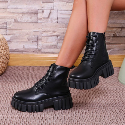 Damen Stiefel Chunky Plateau Schnürstiefel Robust