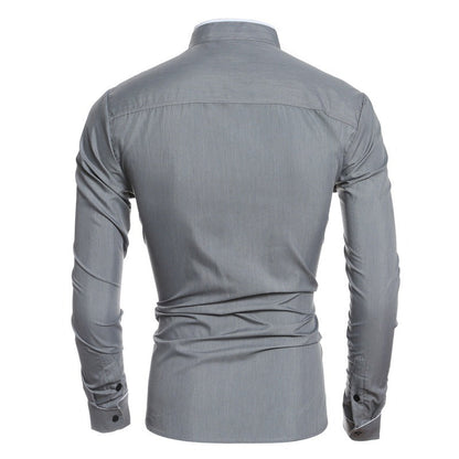 Herren Langarmhemd Modern Stehkragen Kontrastpaspelierung Slimfit