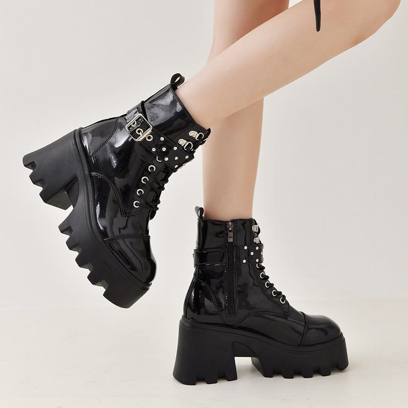 Damen Stiefeletten High-Top Plateau Schnalle Robust