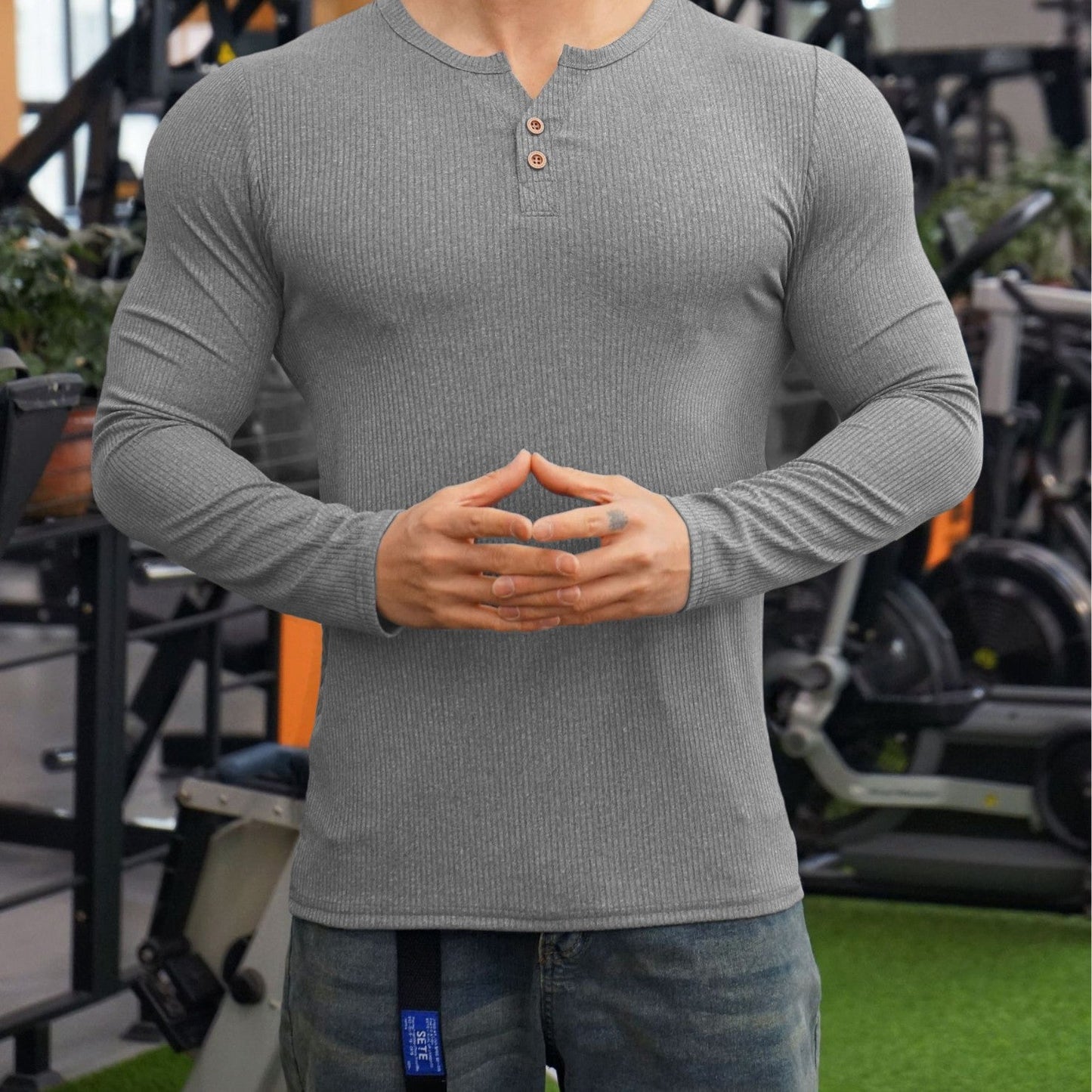 Herren Langarmshirt Strukturiert Knöpfe Modern