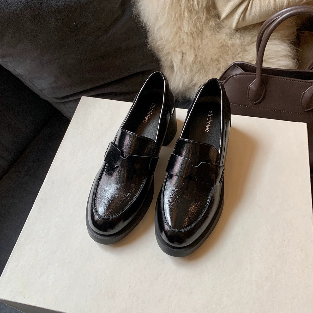 Damen Loafers Schuhe Glänzend Komfortabel Blockabsatz