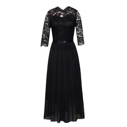 Elegantes Maxikleid Damen Langärmlig Spitze Chiffon Abendkleid