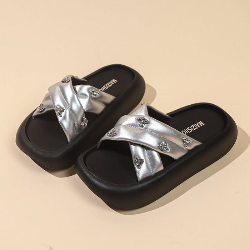 Damen Slipper mit Glitzersteinen Modisch Comfort