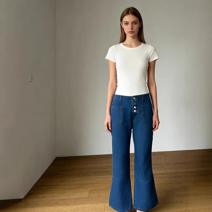 Damen Jeans Bootcut High Waist Knopfleiste