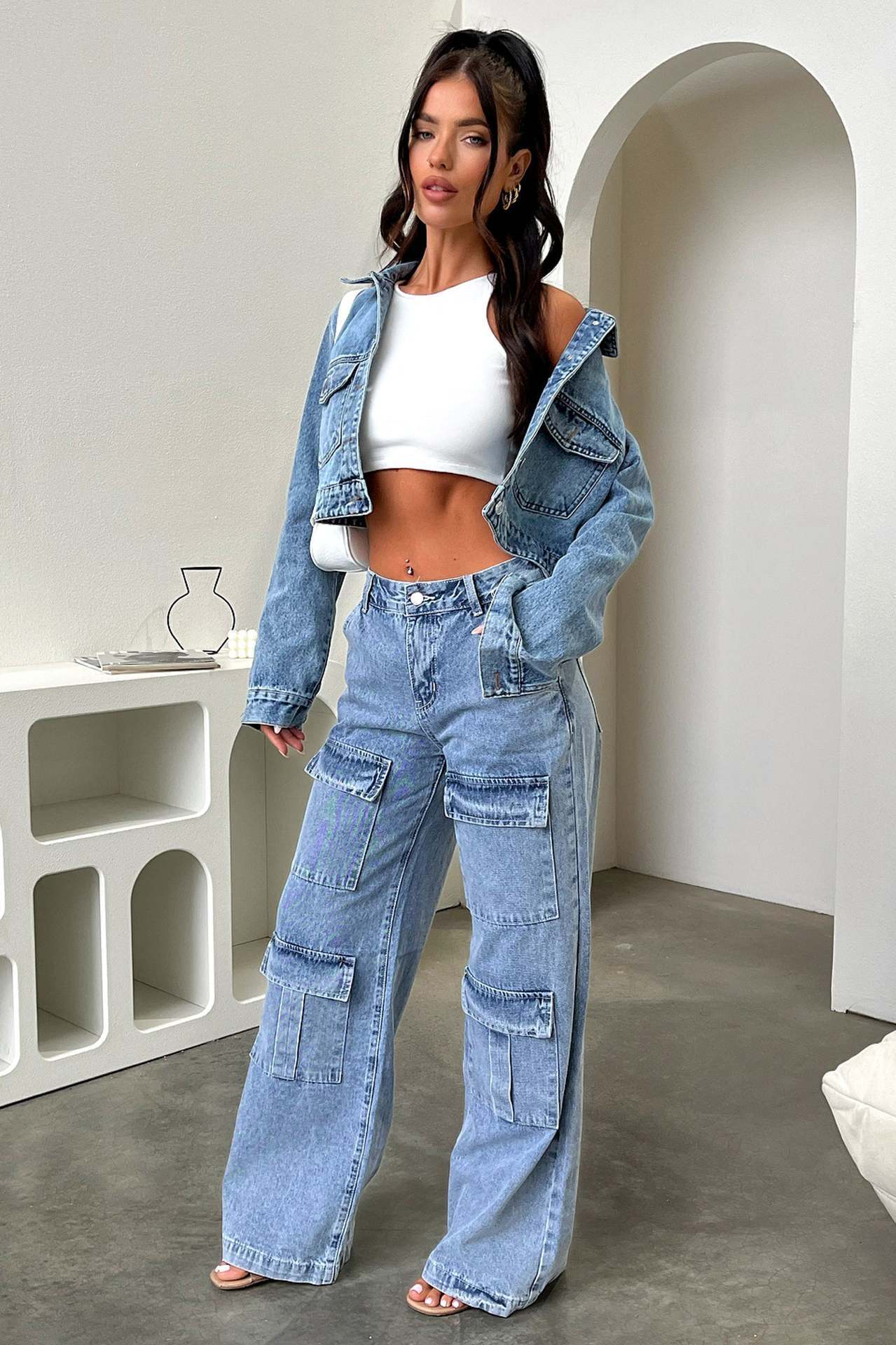 Damen Jeans Cargo Weite Bein mit Taschen Lässig
