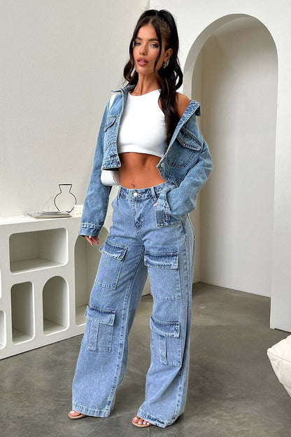 Damen Jeans Cargo Weite Bein mit Taschen Lässig