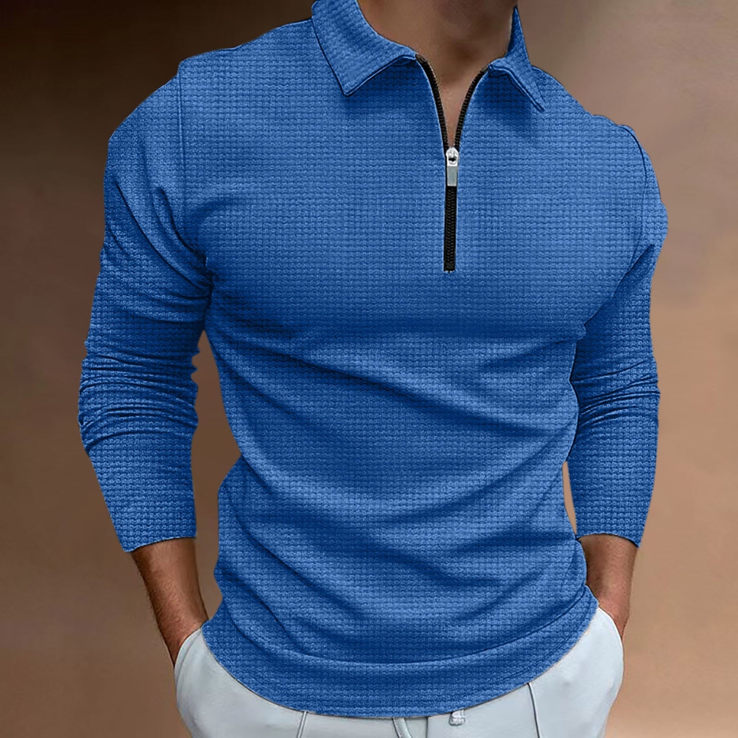 Herren Polo Langarmshirt mit Reißverschluss Modern Strukturiert - BerlinGlamour