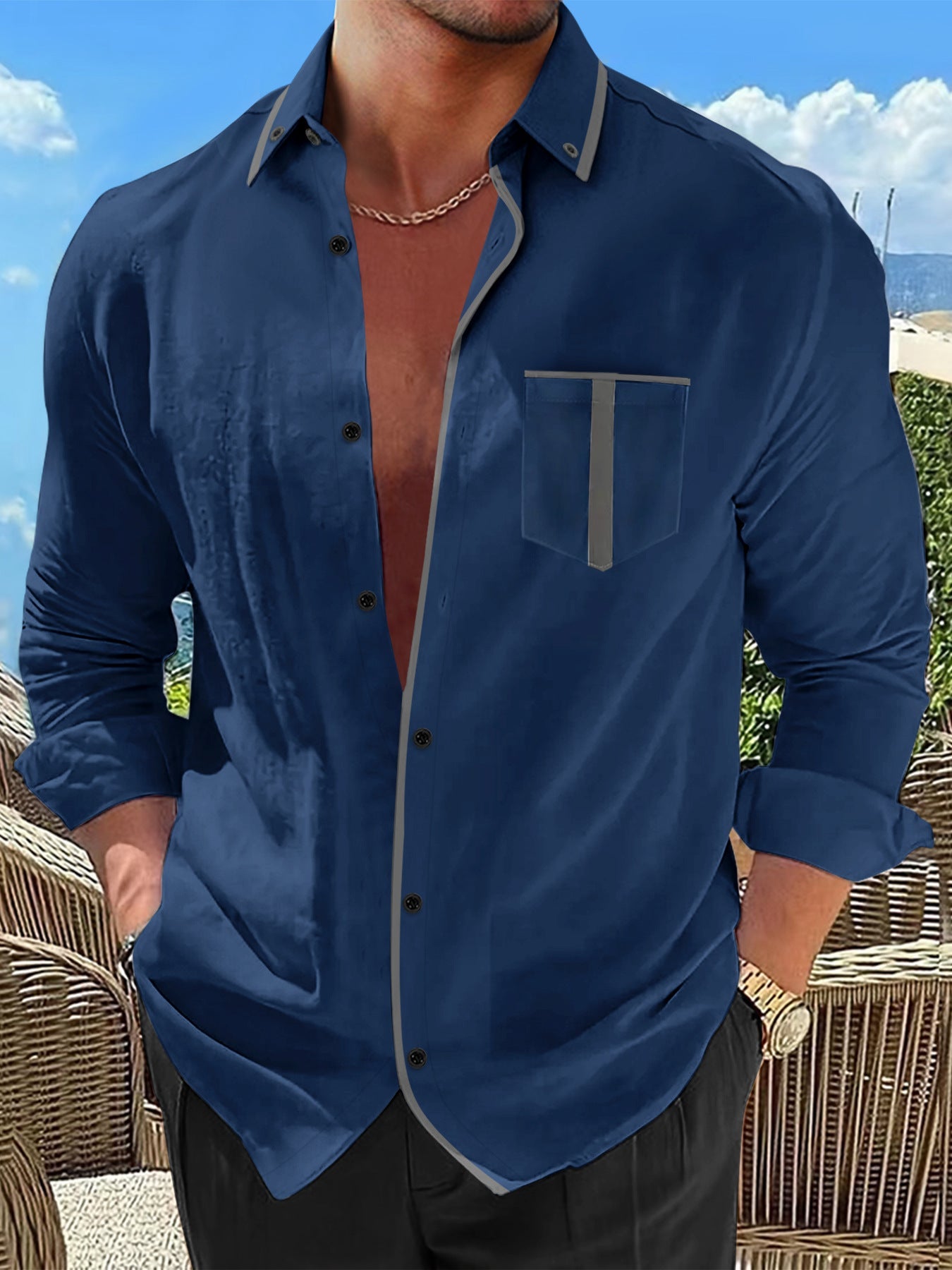 Herren Langarmhemd Modern Kontrast Details Slim Fit