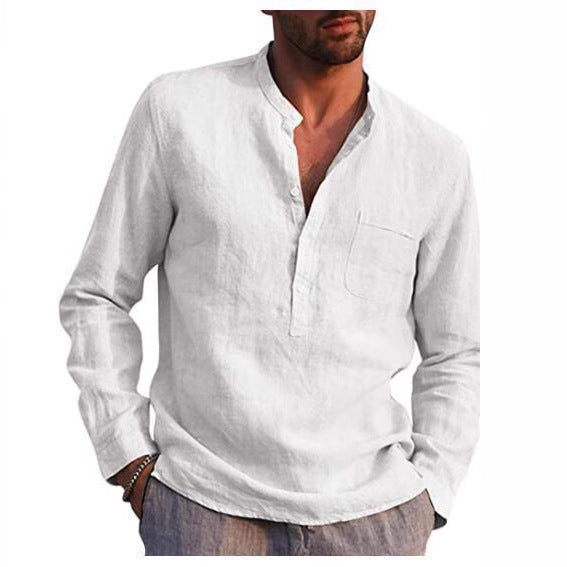 Herren Leinenhemd Modern mit Brusttasche und Henley Ausschnitt
