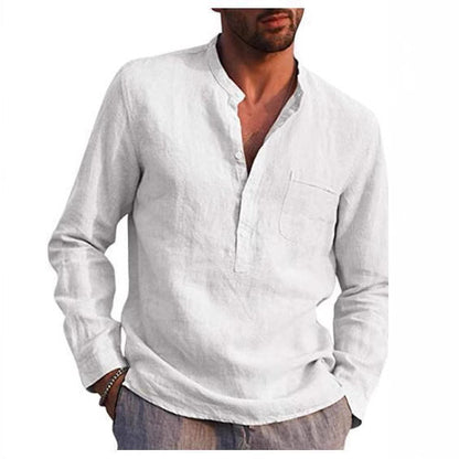 Herren Leinenhemd Modern mit Brusttasche und Henley Ausschnitt
