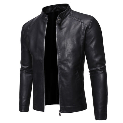 Lederjacke Herren Stehkragen Modern Schwarz Ledermantel