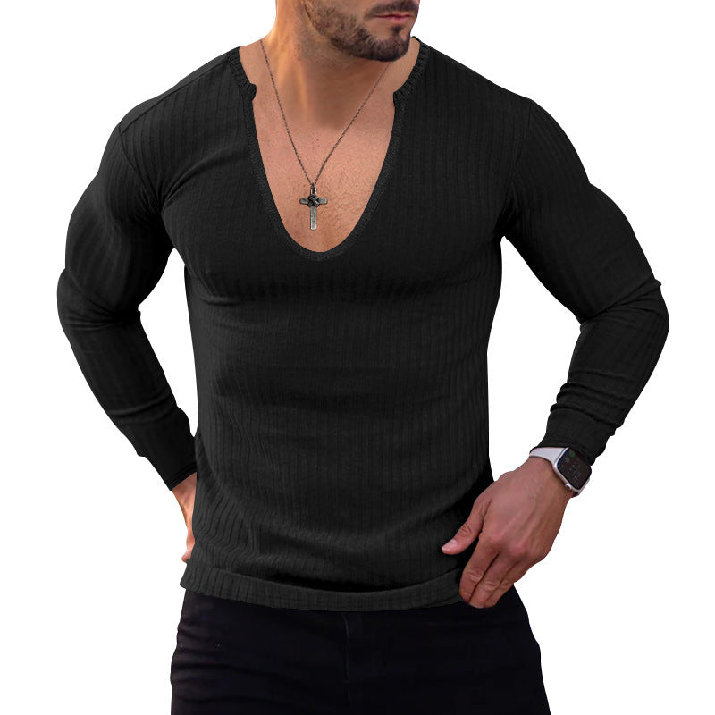 Herren Langarmshirt V-Ausschnitt Feine Rippstruktur Modern