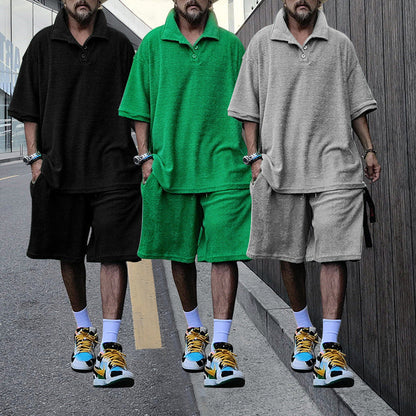 Herren Oversized T-Shirt und Shorts Set mit Knöpfen und Taschen - BerlinGlamour