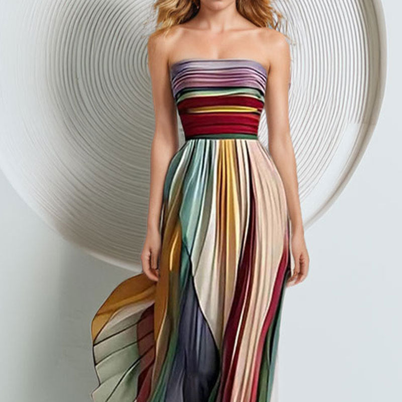 Damen Maxikleid Elegantes Gerafftes Oberteil Streifenmuster Farbenfroh