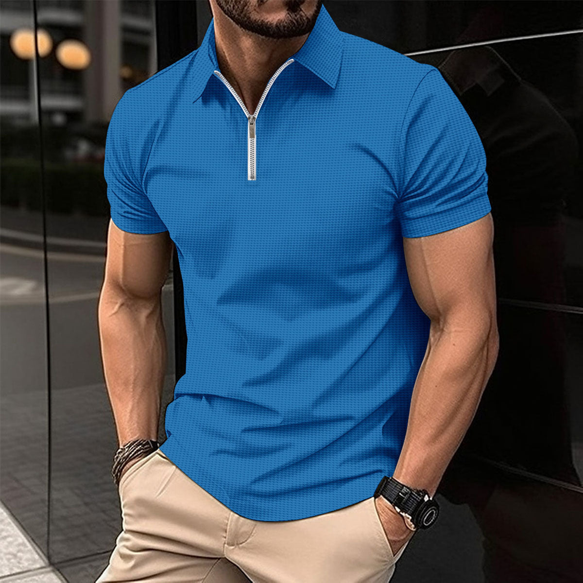Herren Poloshirt Kurzarm mit Reißverschluss Modern Strukturiert