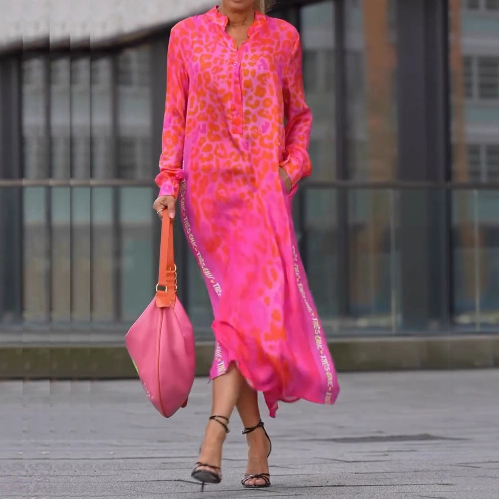 Damen Maxikleid mit Animalprint und Knopfleiste Modern