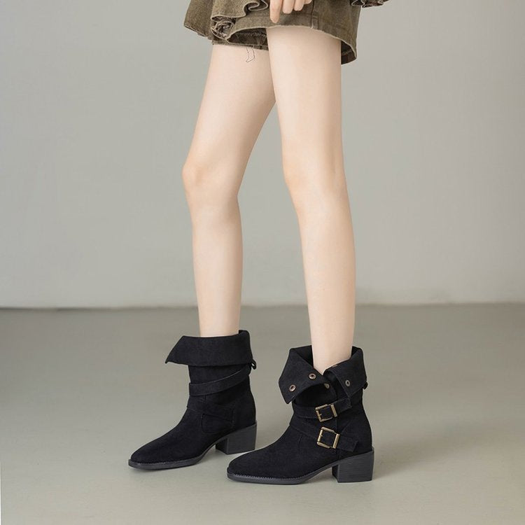 Damen Stiefel Schnällen Design Bequem Blockabsatz