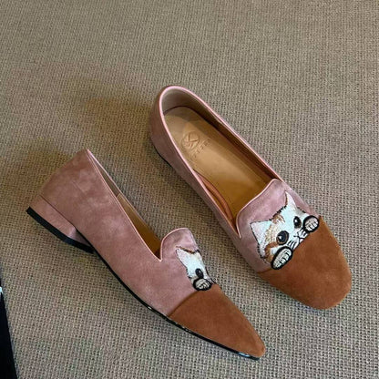 Damen Loafers Weich Wildleder Katzenmuster Schuhe Bequem