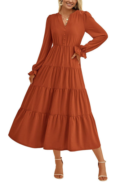 Damen Maxikleid Elegant Rüschendetails V-Ausschnitt Sommerkleid