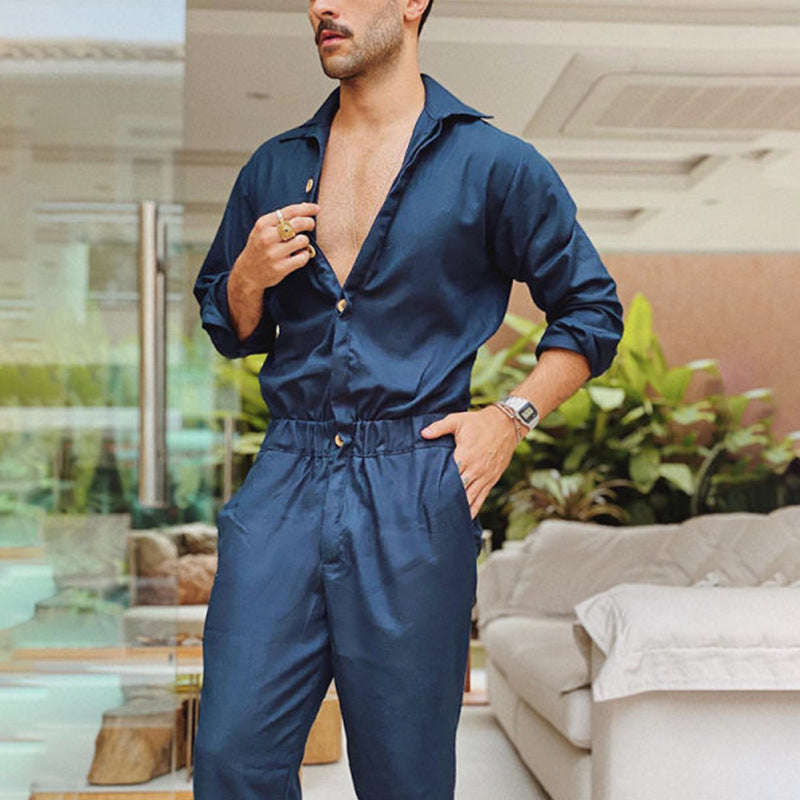 Herren Jumpsuit Elegant Modern mit Knopfleiste und Taillengurt