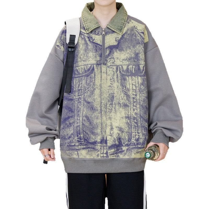 Unisex Sweatshirt Oversized Blau Denim Stehkragen