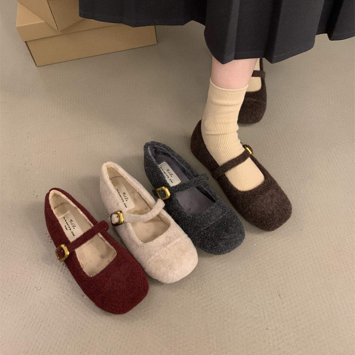 Damen Ballerinas Filz Bequem Schnüren Innenfutter Luxus