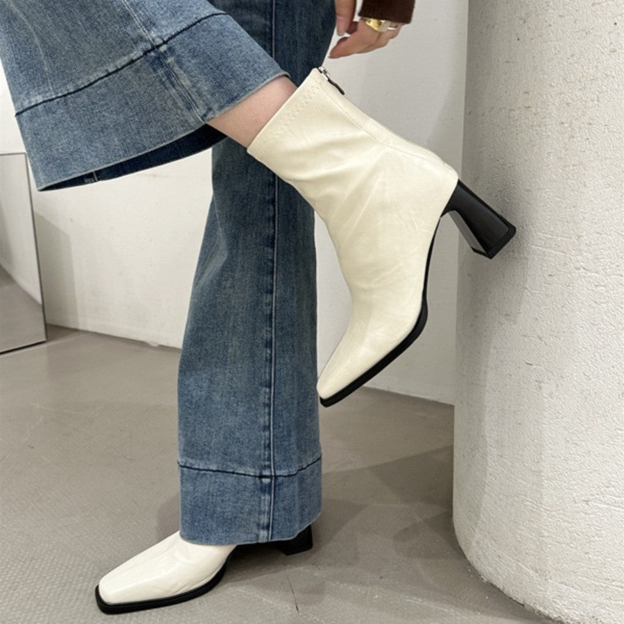 Damen Stiefel Hoher Blockabsatz Lederschuhe Trendy
